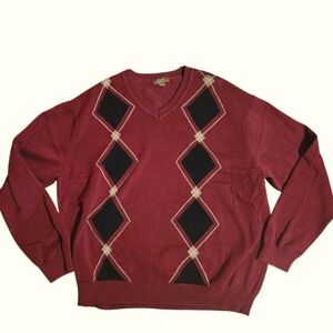 Tasso Elba Golf 100% cotton argyle v-neck sweater burgundy black mens XL